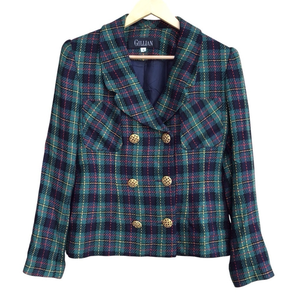 Vintage Gillian Green Multicolor Plaid Blazer Women’s Size 6